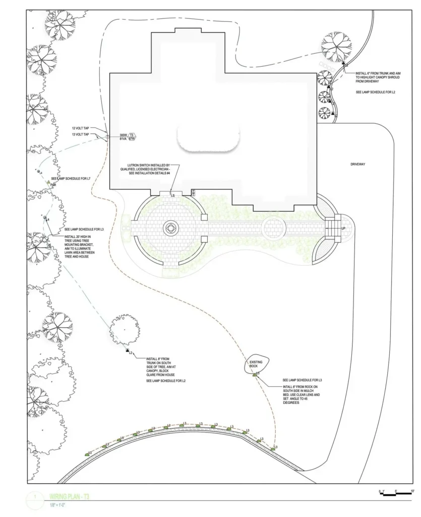 A lighting layout plan with wiring runs and aiming notes for each fixture zone of the property.