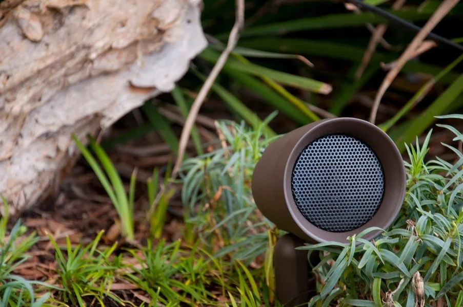 Brown outdoor landscape speaker installed among green plants beside a tree.