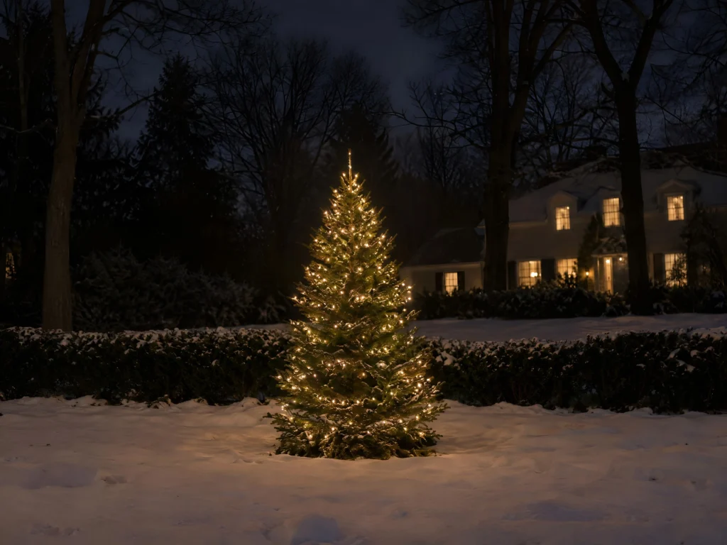A single evergreen in a front yard is wrapped in warm white lights at night, with snow at its base.