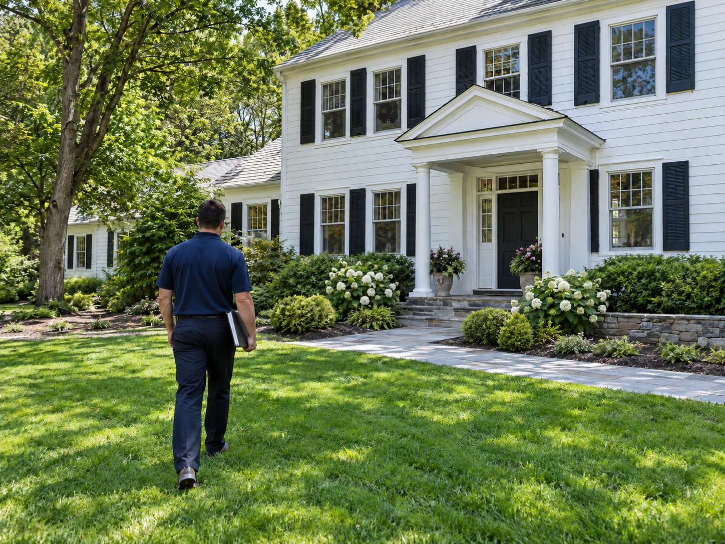 A professional walking a residential property in daylight, noting where outdoor lighting fixtures will go.