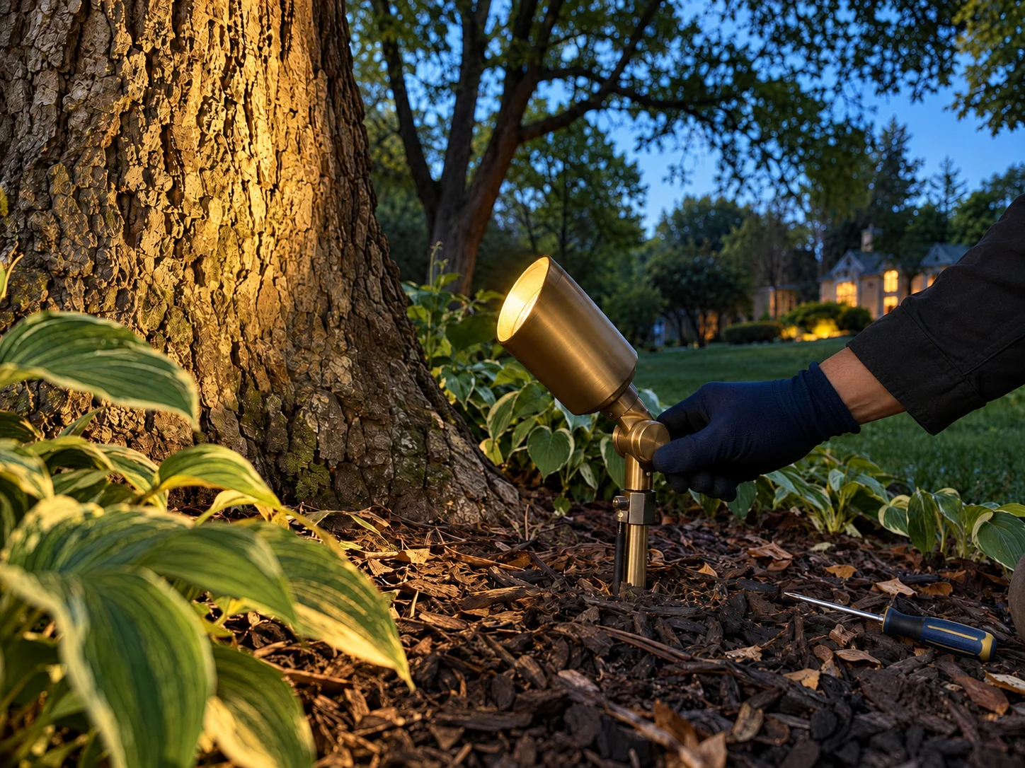 A hand adjusting the aim of a brass spotlight at the base of a mature tree.