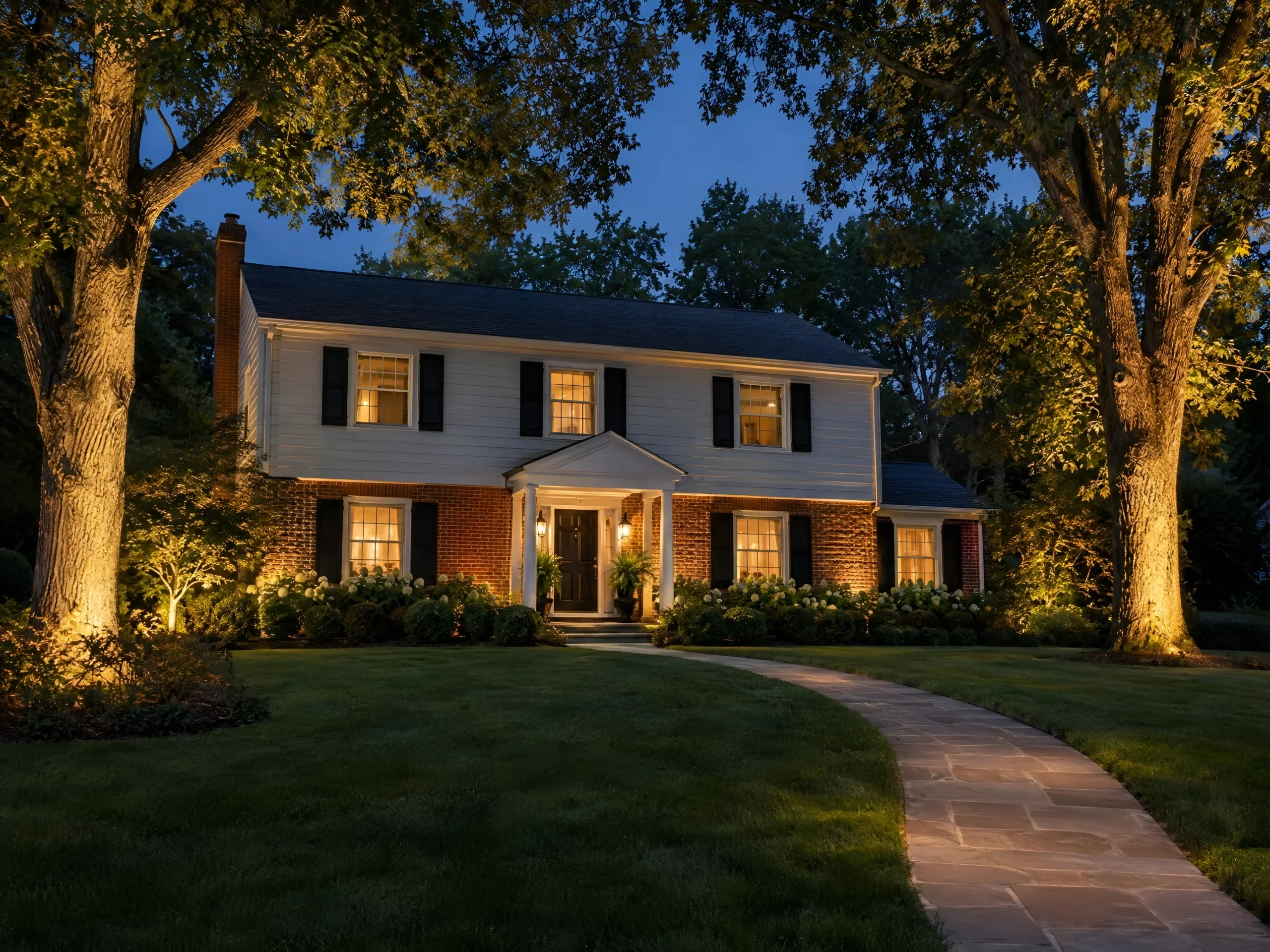 A brick and clapboard colonial at dusk, its facade lit and two large trees uplit beside a curving stone walk.