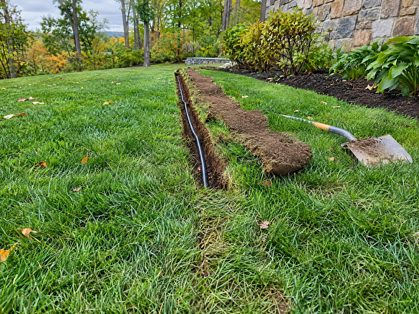 A narrow trench opened across a lawn with low-voltage cable run beside replaced sod.