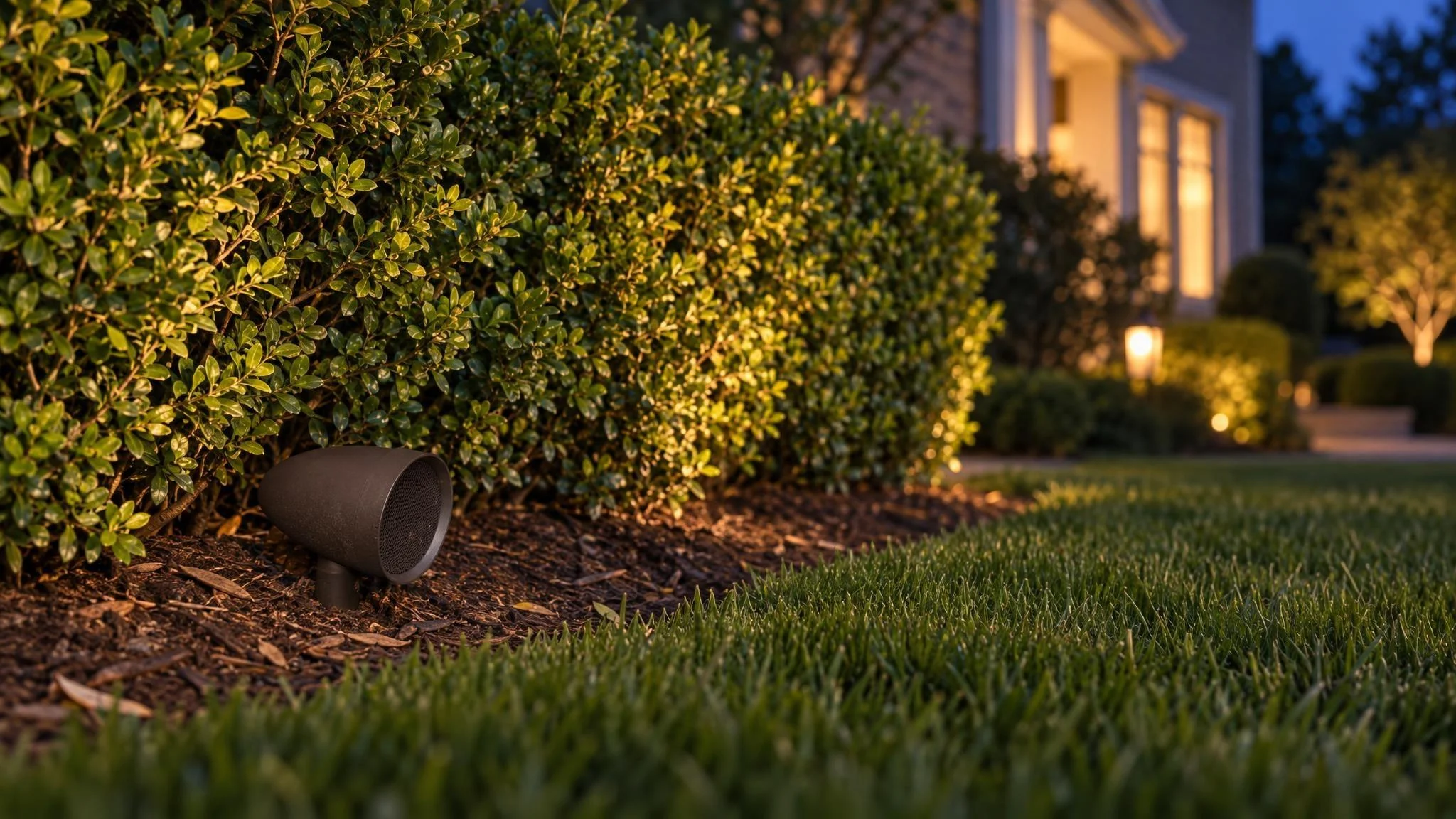 A dark bronze satellite speaker is set at the foot of a clipped boxwood hedge beside a lawn edge at dusk.