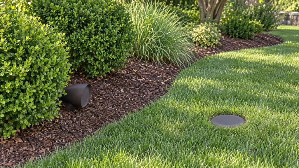 A dark satellite speaker beside a boxwood faces the lawn, with a buried subwoofer's round cap in the grass.