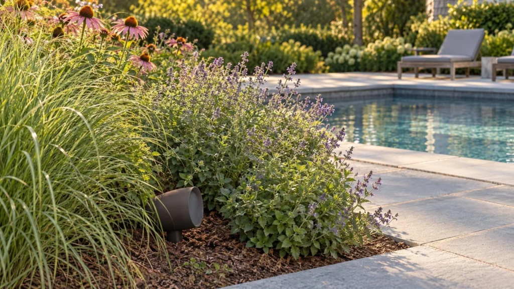 A small satellite speaker staked in mulch among ornamental grass and catmint faces a pool terrace.