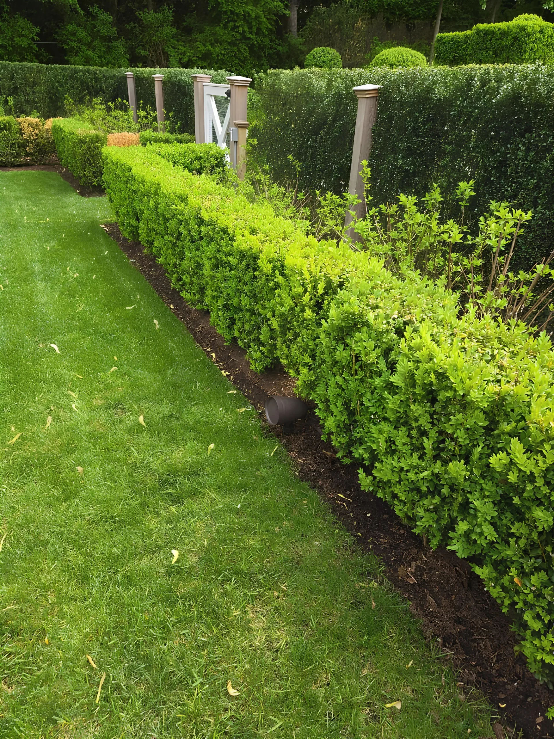 A speaker set in the mulch line along a boxwood hedge, with open lawn and a fence line behind.