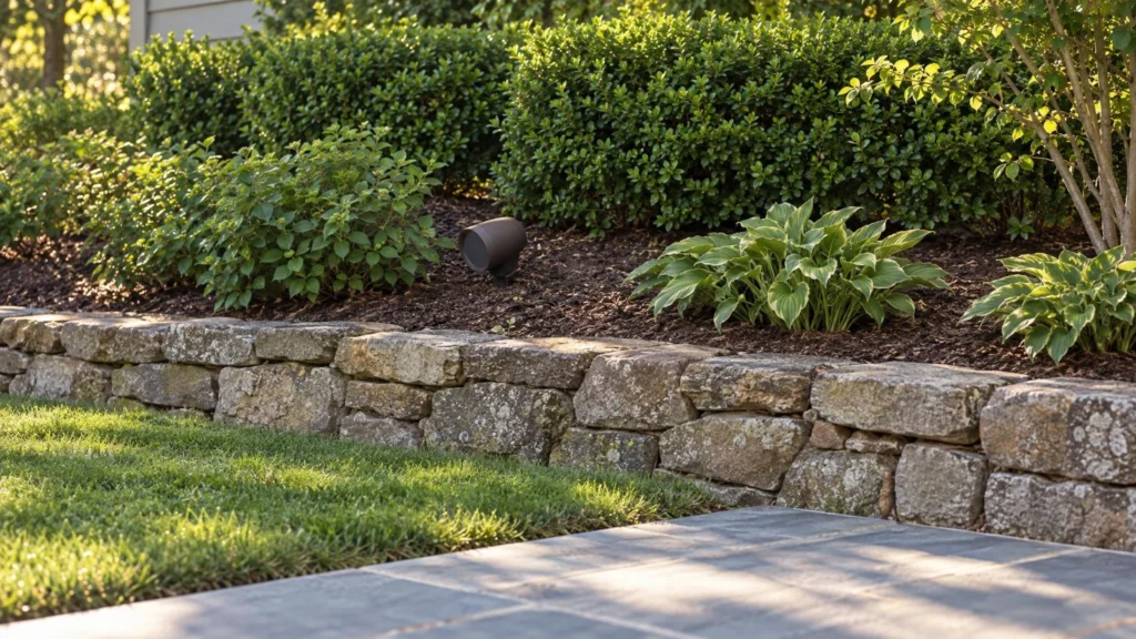A staked satellite speaker stands in a raised bed between a clipped hedge and a low fieldstone wall.