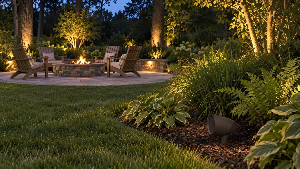 An outdoor speaker in a mulched planting bed faces a fire pit terrace with four empty chairs at dusk.