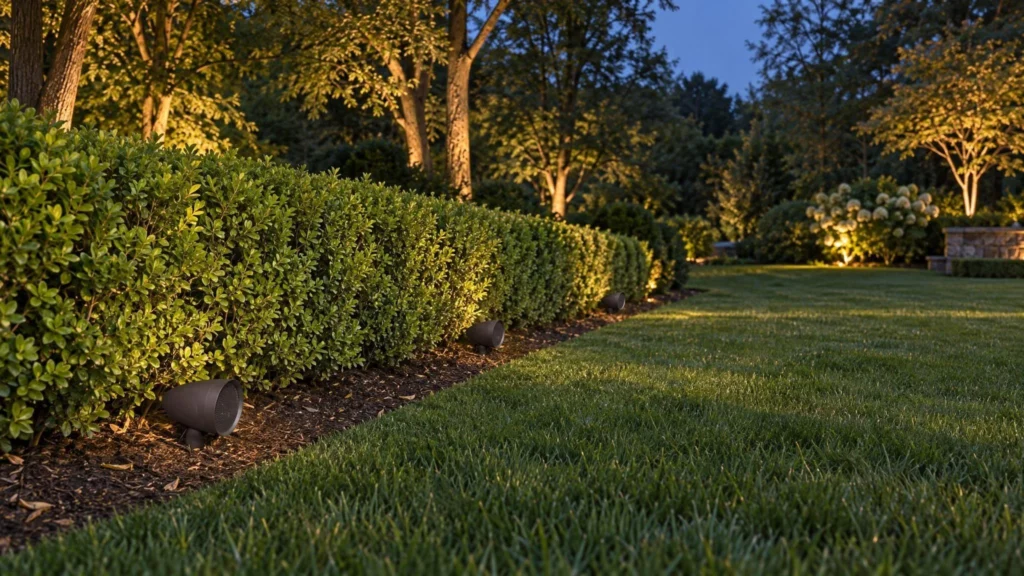 Outdoor speaker placement with three dark satellite speakers along a planting border facing a lawn at dusk.