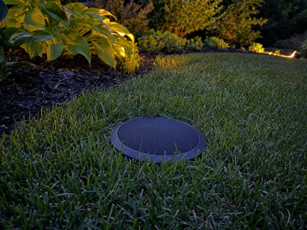 The round cap of an in-ground subwoofer rests low in a lawn at dusk beside a lit bed of hostas and shrubs