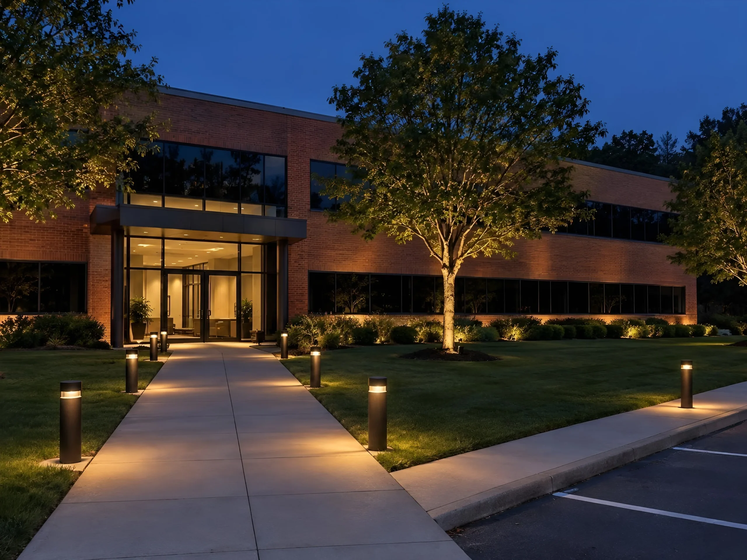 Low black bollards light a walkway to the glass lobby of a brick office building.