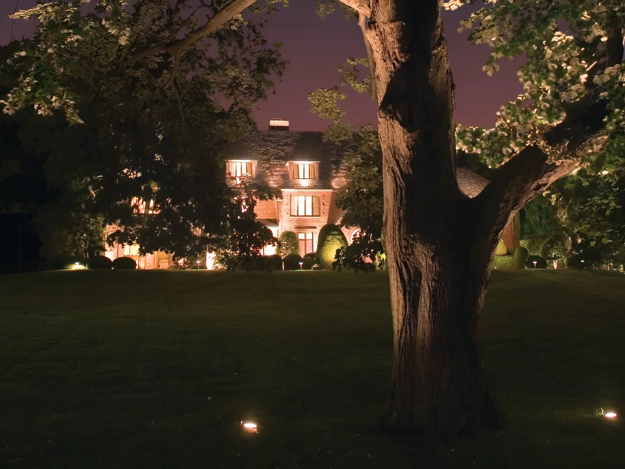 Two in-ground lights uplight a mature tree on a wide lawn, with a lit brick house in the distance.